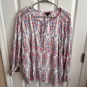 Talbots Peasant Blouse Floral Print‎ Long Sleeve Tie Neck Plus Size 2X